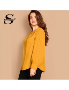Blouses & Shirts Plus Size Curved Hem Blouse Women Keyhole Detail Buttoned Cuff Solid Top 2019 Female Ginger Bright Tops and ...
