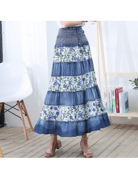 High Waist Long Denim Skirt Women Vintage Maxi Pleated Skirt Casual Elegant Elastic Floral Jean Skirt Jupe Longue Femme Ds50...