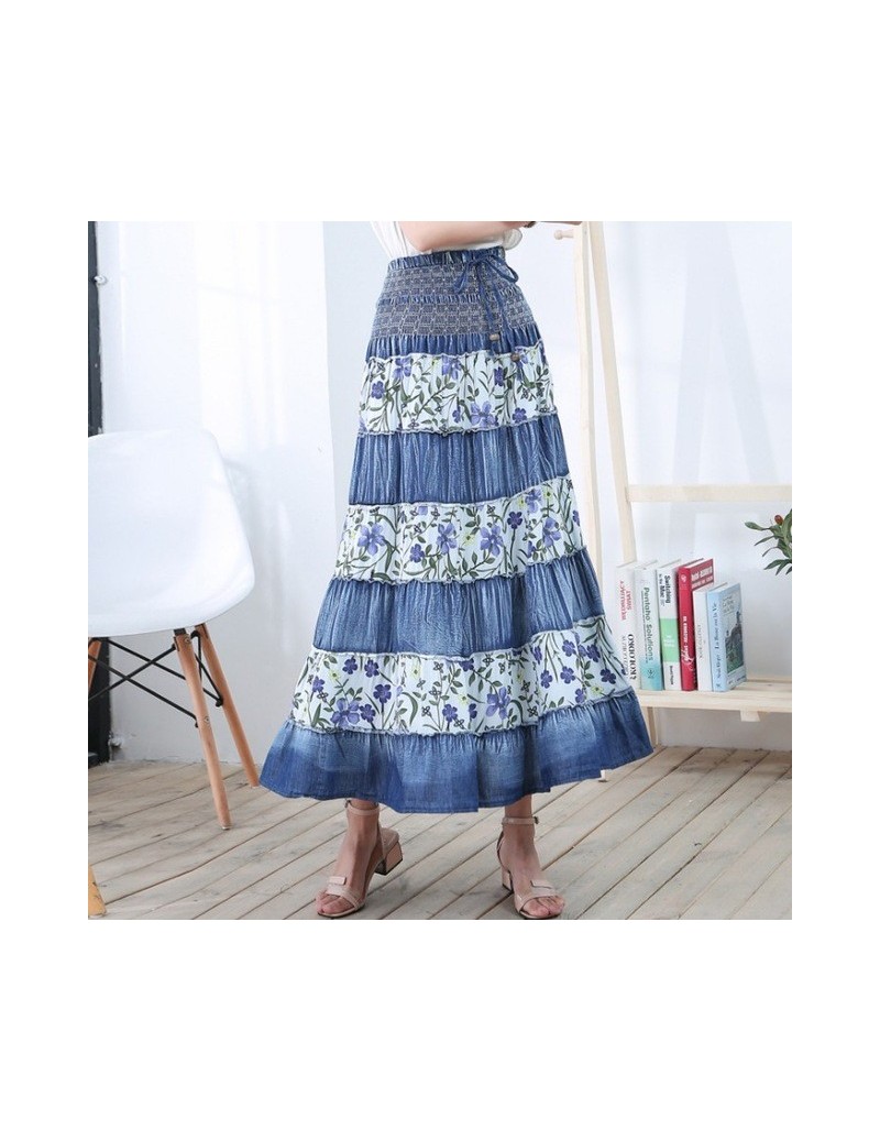 Skirts High Waist Long Denim Skirt Women Vintage Maxi Pleated Skirt Casual Elegant Elastic Floral Jean Skirt Jupe Longue Femm...