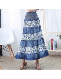High Waist Long Denim Skirt Women Vintage Maxi Pleated Skirt Casual Elegant Elastic Floral Jean Skirt Jupe Longue Femme Ds50...