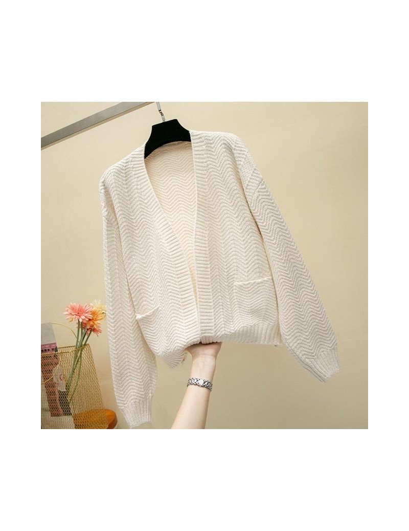 2019 For Girl Casual Knitted Sweater Autumn Korean Women Slim Solid Color Pocket Design Cardigan Khaki White Blue Brown - Wh...