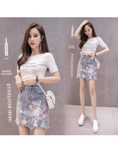 Skirts Korean High Waist Skirts Women 2019 New Summer Ripped Hole Denim Jeans Skirt Students Sweet Casual Letters Rose Sequin...