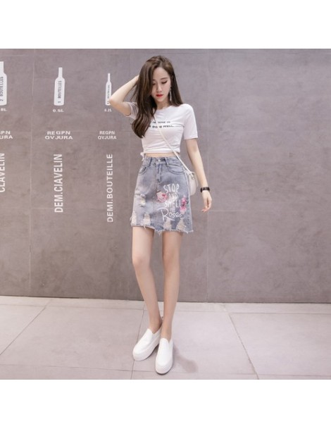 Skirts Korean High Waist Skirts Women 2019 New Summer Ripped Hole Denim Jeans Skirt Students Sweet Casual Letters Rose Sequin...