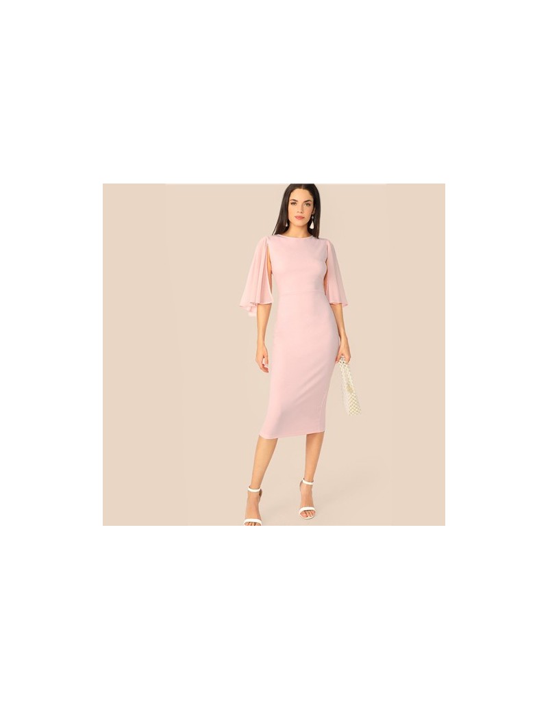 Pink Elegant Cloak Sleeve Bodycon Dress Women Solid Classy High Waist Party Dress 2019 Slim Stretchy Summer Dress - Pink - 4...