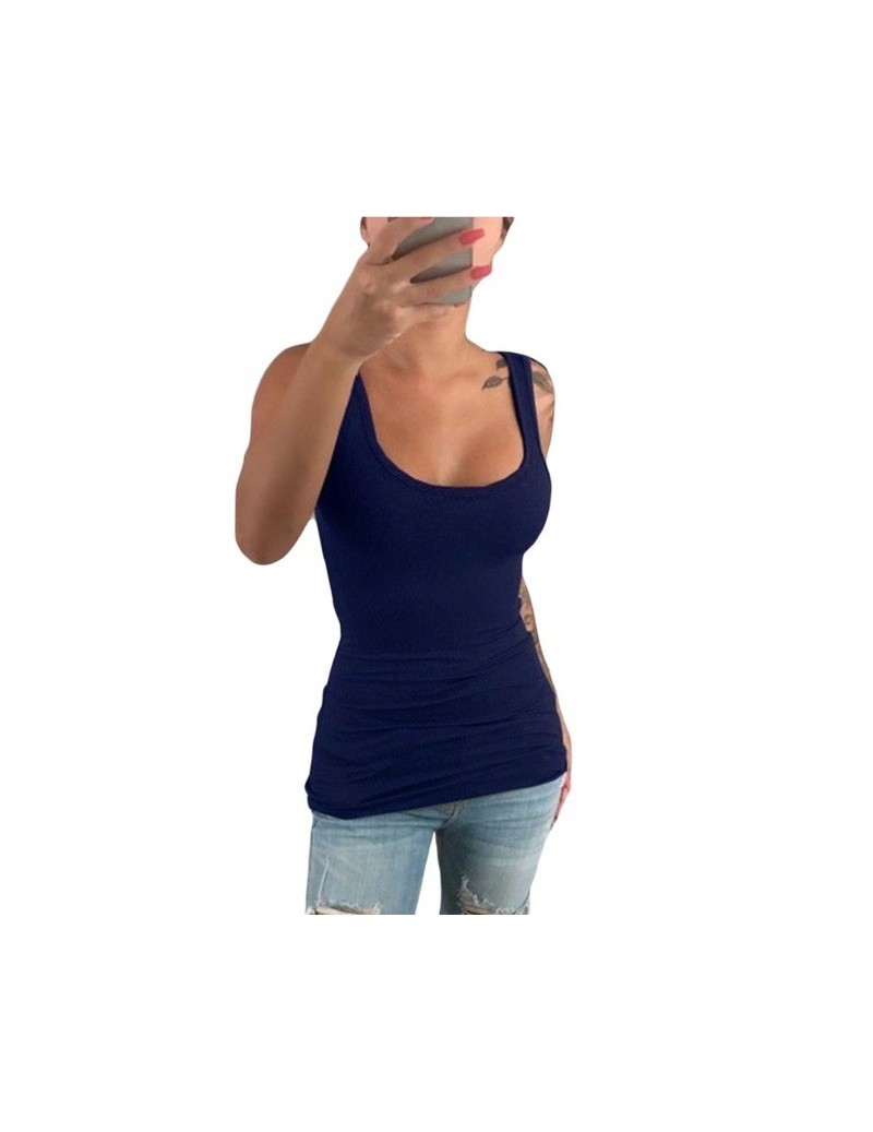 Women Ladies Summer Casual Solid Elastic Cotton U Neck Tank Sleeveless Slim Vest Tops S-5XL - Blue - 4F4111759114-2
