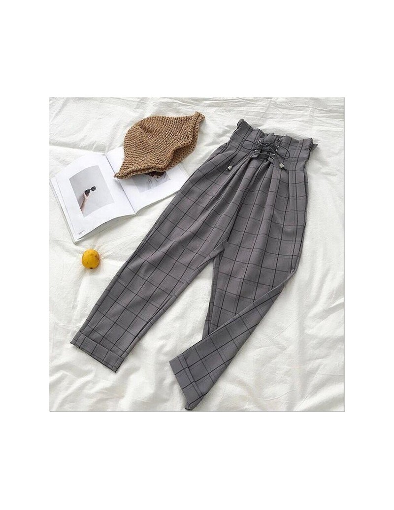 2019 new spring summer casual lace up ankle-length pants women's plaid loose harem Nine pants - Dark Grey - 433060502293-3