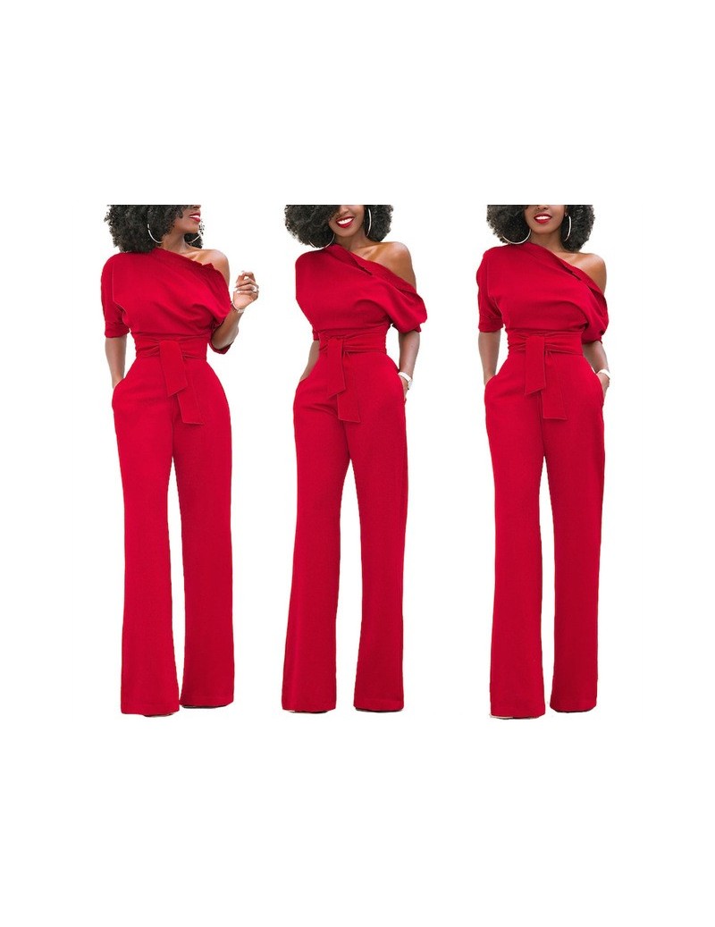2018 New Fashion Summer Women Plus Size Elegant Office Ladies Jumpsuits Solid One Shoulder Tied Waist Flared Casual Jumpsuit...