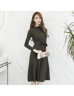 Dresses Elegant Sashes Knitted Sweater Dress 2019 Winter Women High Waist Fit Flare Army Green Slim Bottoming Office Casual P...