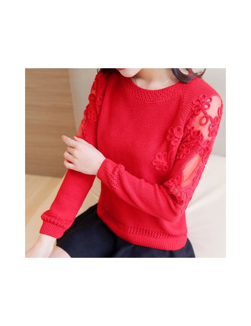 Women Pullovers 2018 Sexy Lace Pullover Sweaters Fashion Patchwork Embroidery Collar Knitted Tops Pull Femme - red - 4739086...