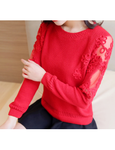 Pullovers Women Pullovers 2018 Sexy Lace Pullover Sweaters Fashion Patchwork Embroidery Collar Knitted Tops Pull Femme - red ...