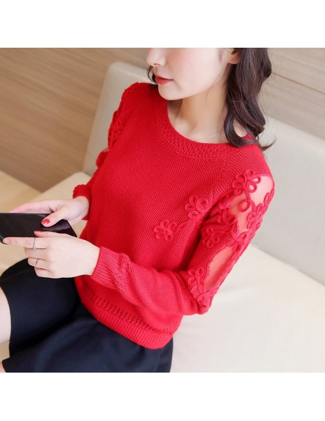 Pullovers Women Pullovers 2018 Sexy Lace Pullover Sweaters Fashion Patchwork Embroidery Collar Knitted Tops Pull Femme - red ...