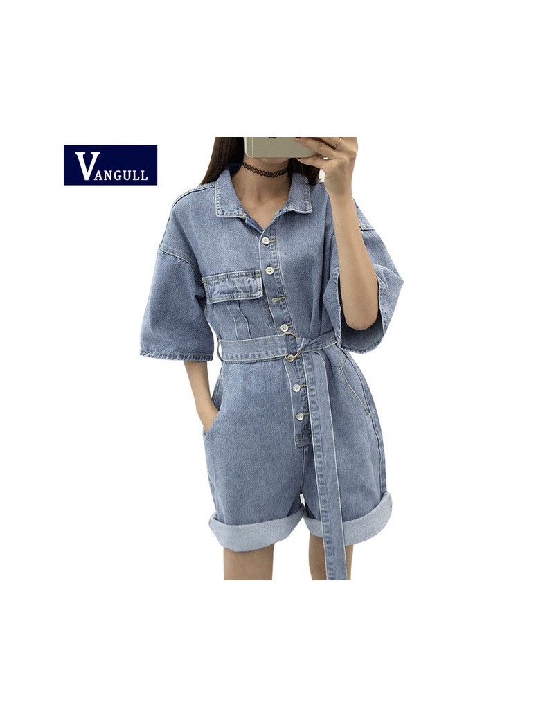 Rompers Women Casual Summer Denim Romper High Waist Jeans Overall BF Wide Leg Jumpers Lapel Pocket Shorts Jumpsuit Playsuit B...