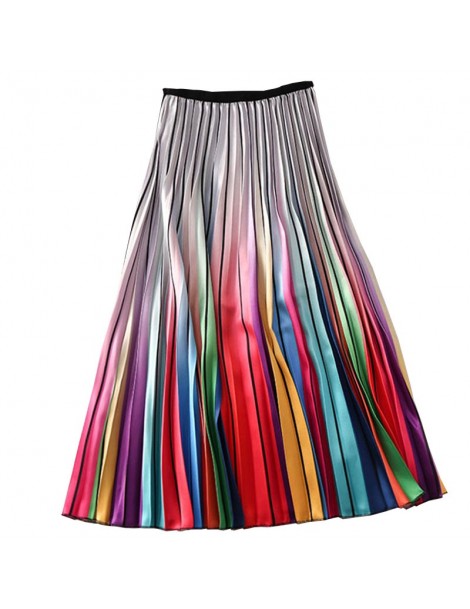 Skirts Woman High Waist Pleated Skirt Spring Summer Rainbow Skirts Lady Elastic Waist A Line Midi Skirt Mid Calf Long Skirts ...