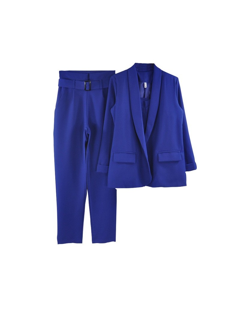 Office Ladies Solid 3 Pieces Set Buttonless Slim Blazer CamisTops and Pant Women Pants Suits - Blue - 59111127284503-4