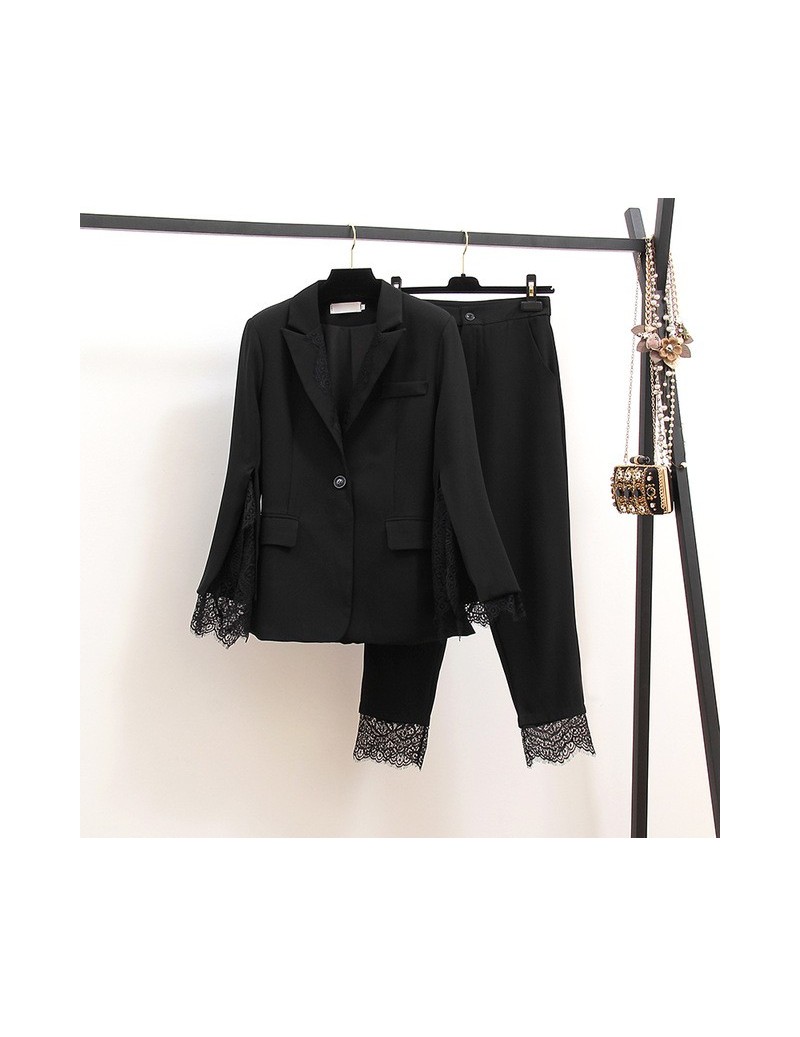 Women's Sets 2019 Autumn Female Black Lace Stitching Suit Blazer + Trousers Temperament Ladies Two-piece Set Fashion OL Outfi...