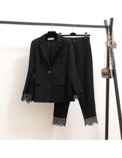 Women's Sets 2019 Autumn Female Black Lace Stitching Suit Blazer + Trousers Temperament Ladies Two-piece Set Fashion OL Outfi...