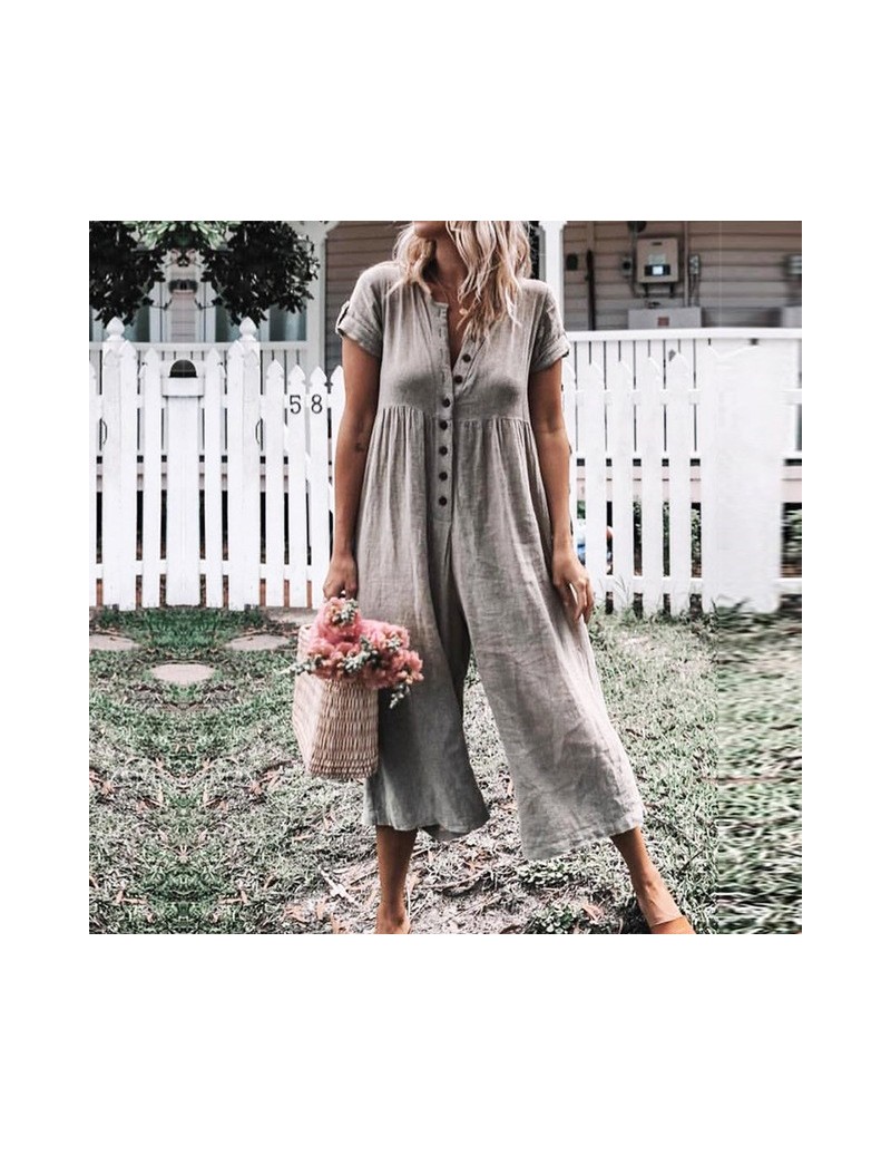 Cotton And Linen Casual Wide Leg Jumpsuit Front Button Bodysuits Women 2019 Summer Boho Playsuit Short Sleeve Rompers - Gray...