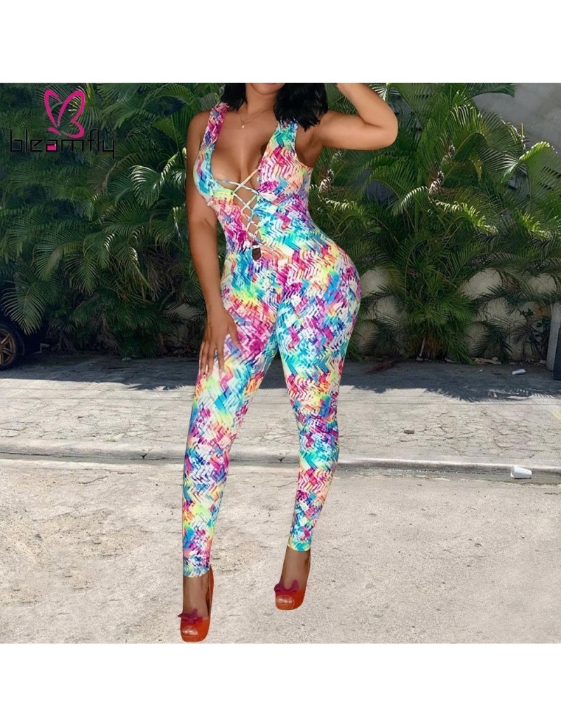 Jumpsuits Sexy Bodycon Jumpsuit Tie Dye Printed Vintage Bodysuit Lace Up V-Neck Sleeveless Long Playsuit Summer Casual Fitnes...