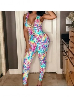 Jumpsuits Sexy Bodycon Jumpsuit Tie Dye Printed Vintage Bodysuit Lace Up V-Neck Sleeveless Long Playsuit Summer Casual Fitnes...