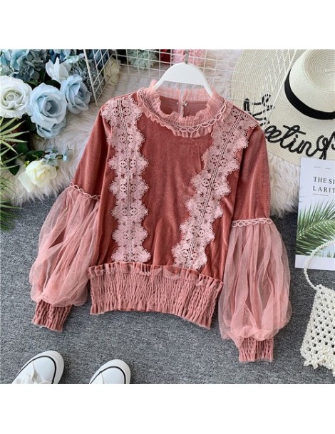 Blouses & Shirts 2019 Autumn Lace Velvet blouse shirt Lantern Sleeve elegant winter pullover mesh shirts tops - Red - 4D41710...