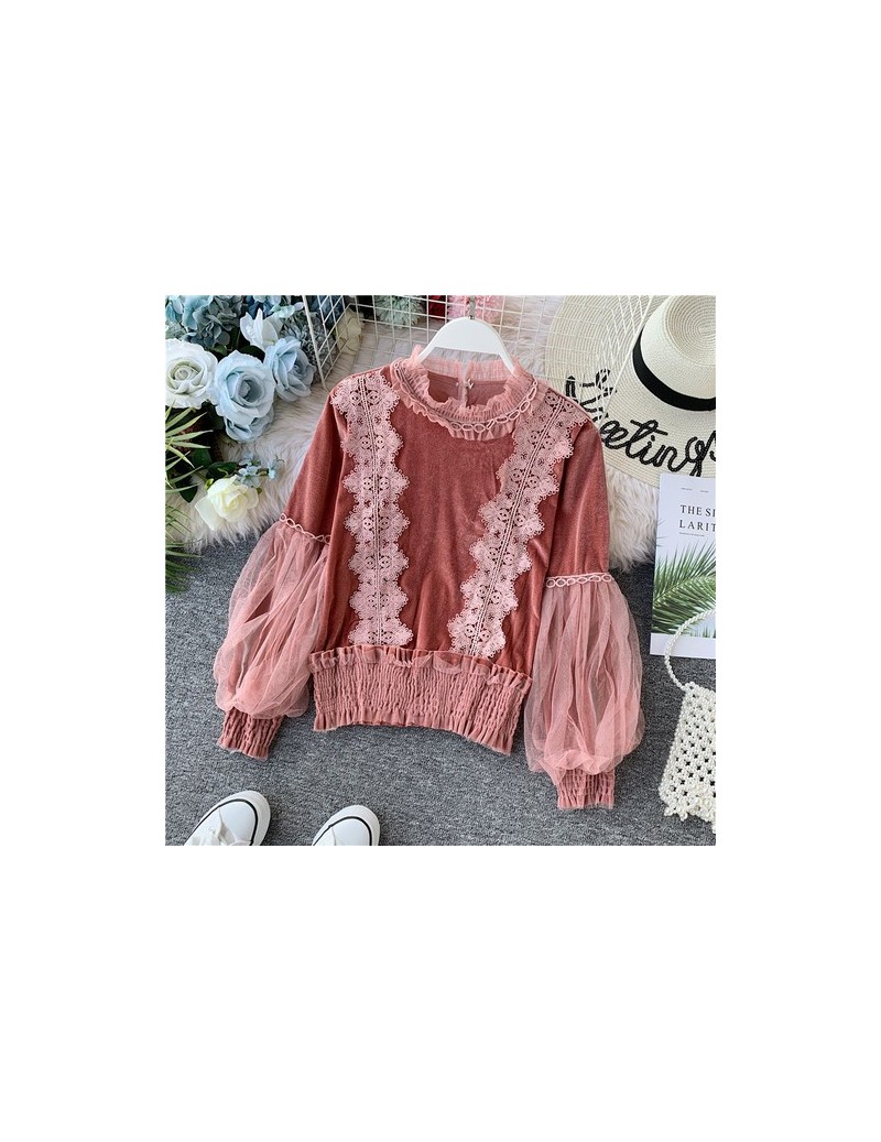 2019 Autumn Lace Velvet blouse shirt Lantern Sleeve elegant winter pullover mesh shirts tops - Red - 4D4171066226-6