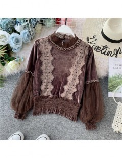 Blouses & Shirts 2019 Autumn Lace Velvet blouse shirt Lantern Sleeve elegant winter pullover mesh shirts tops - Red - 4D41710...
