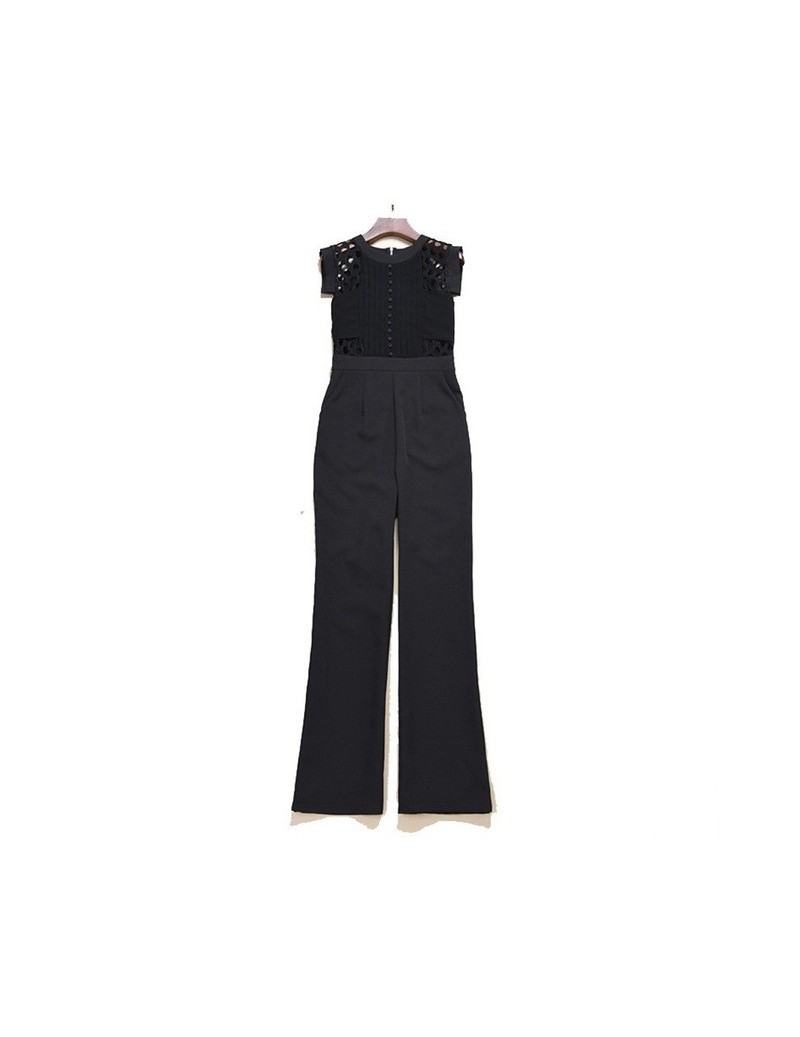 Solid Hollow Out Women Jumpsuit O Neck Short Sleeve High Waist Bowknot Slim Pants Female Fashion New Spring 2019 - black - 4...