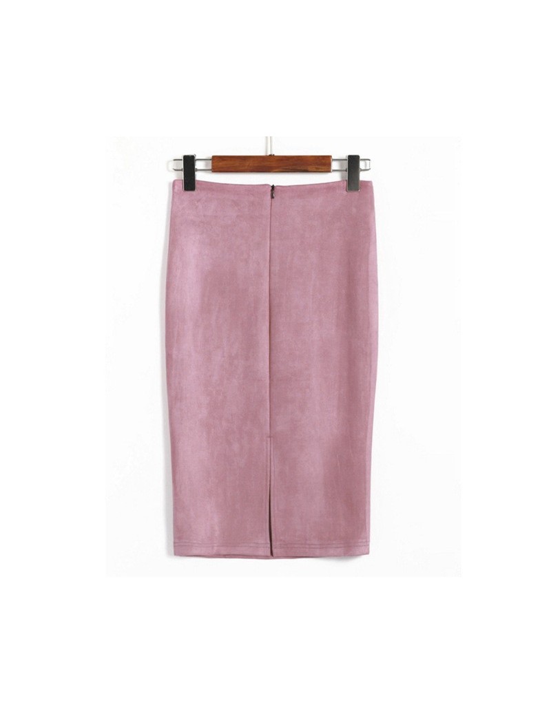Sexy Women Skirts Spring Autumn Faux Suede Lady Soft Split Stretchy Bodycon Knee Length Pencil Skirt Dropshipping - Pink - 4...