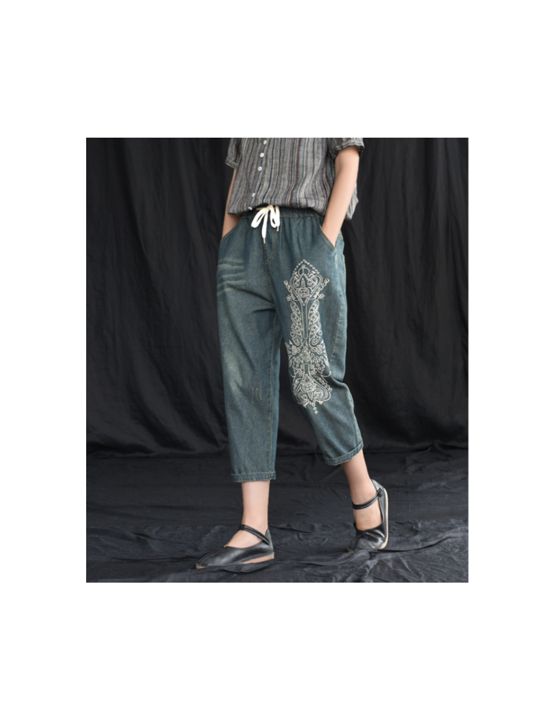 Summer Jeans Women Retro Slim-type Elastic Waist Denim Pants New Ladies Embroidery pocket Mori girl Casual Trousers 2019 - F...