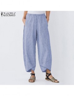 Pants & Capris Women Striped Wide Leg Pants Casual Asymmetrical Trousers Cotton Linen Elastic Waist Pockets Pantalon Streetwe...