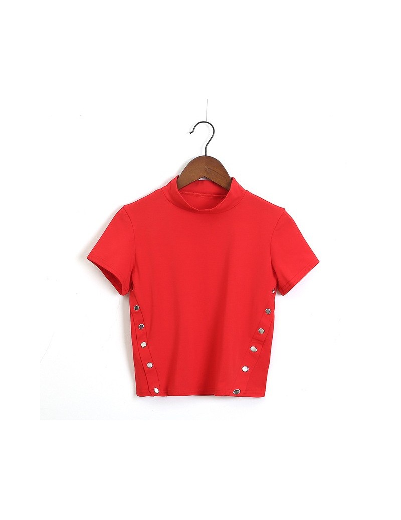 Women Turtleneck Button Detail Crop Top - short sleeve red - 4O3951393697-1