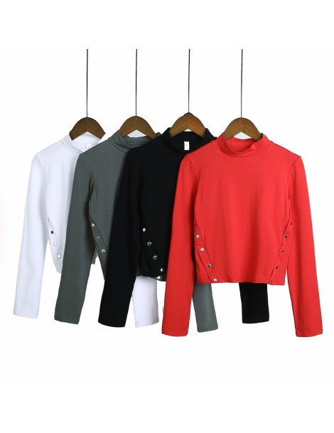 T-Shirts Women Turtleneck Button Detail Crop Top - short sleeve red - 4O3951393697-1 $14.15