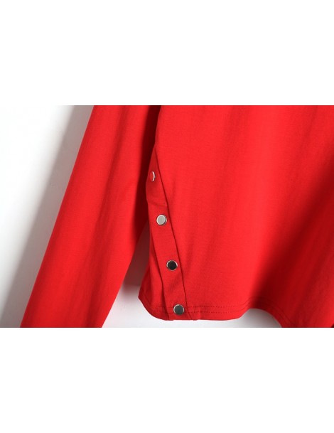 T-Shirts Women Turtleneck Button Detail Crop Top - short sleeve red - 4O3951393697-1 $14.15