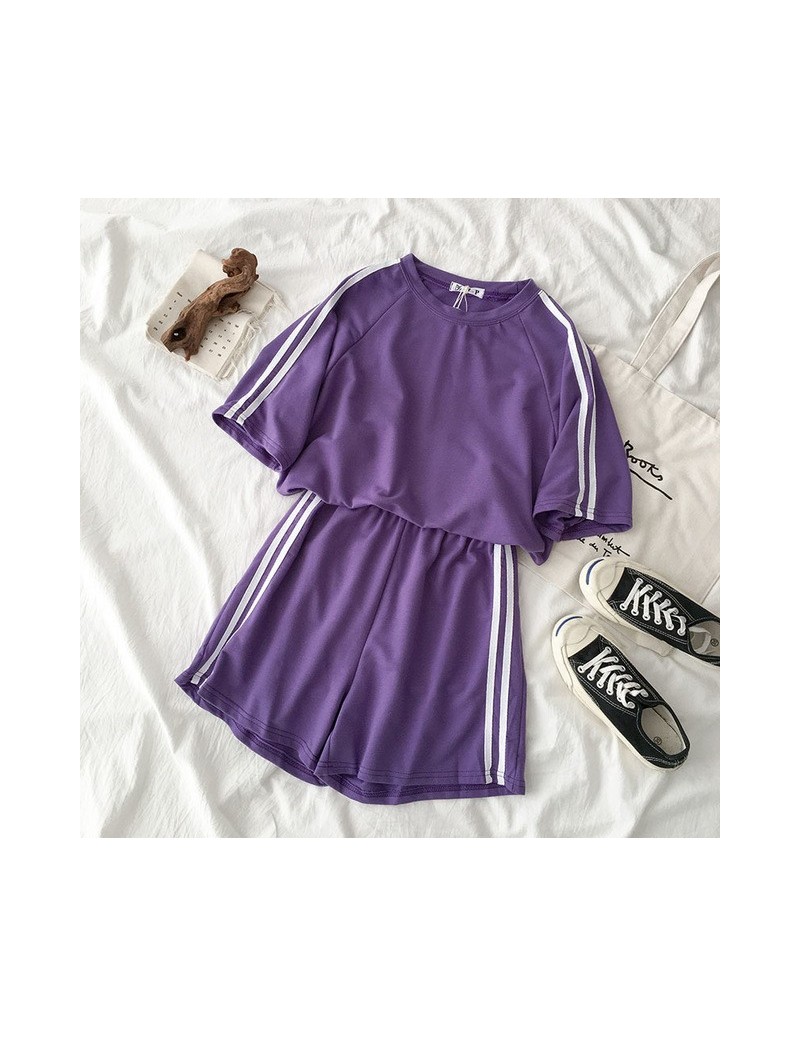 Casual Tracksuit Two Piece Outfits Side Striped Pant Set Summer Short Sleeve T-shirt + High Waist Shorts Purple Matching Set...