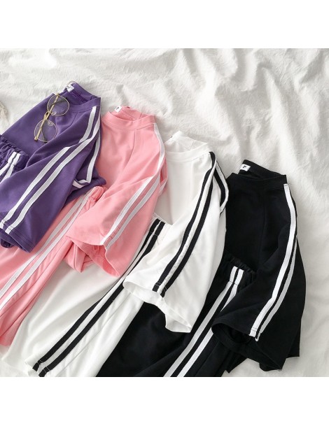 Women's Sets Casual Tracksuit Two Piece Outfits Side Striped Pant Set Summer Short Sleeve T-shirt + High Waist Shorts Purple ...