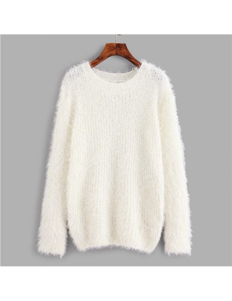 Pullovers Workwear Fuzzy Chunky Knit Women White Sweater 2018 Autumn Solid Casual Loose Sweater Cotton Pullovers Jumper - Whi...