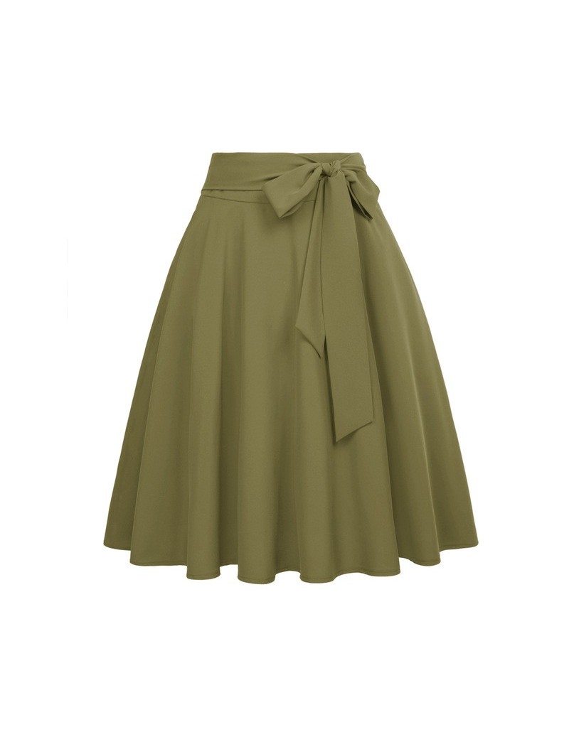 Women Solid Color High Waist skirts Self-Tie Bow-Knot Embellished big swing keen length elegant retro A-Line Skirt faldas mu...