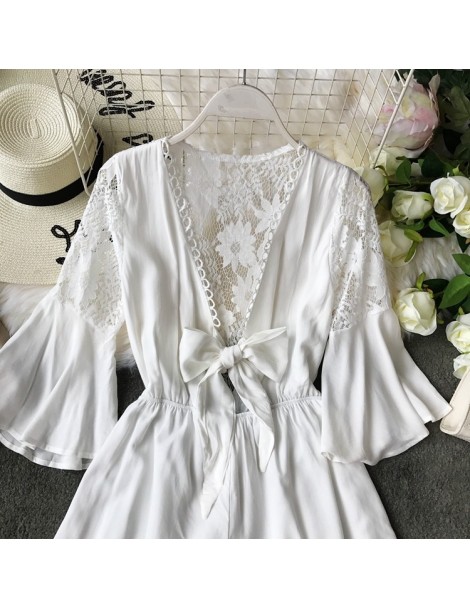 Rompers 2019 new fashion women's rompers Summer V-neck flared sleeve with jumpsuit wide leg lace hollow - White - 32999621581...