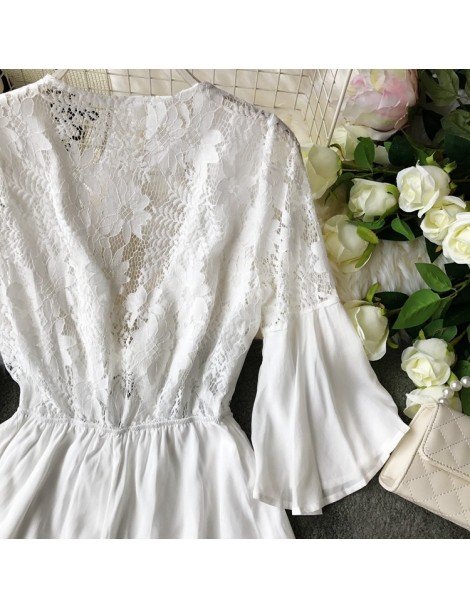 Rompers 2019 new fashion women's rompers Summer V-neck flared sleeve with jumpsuit wide leg lace hollow - White - 32999621581...