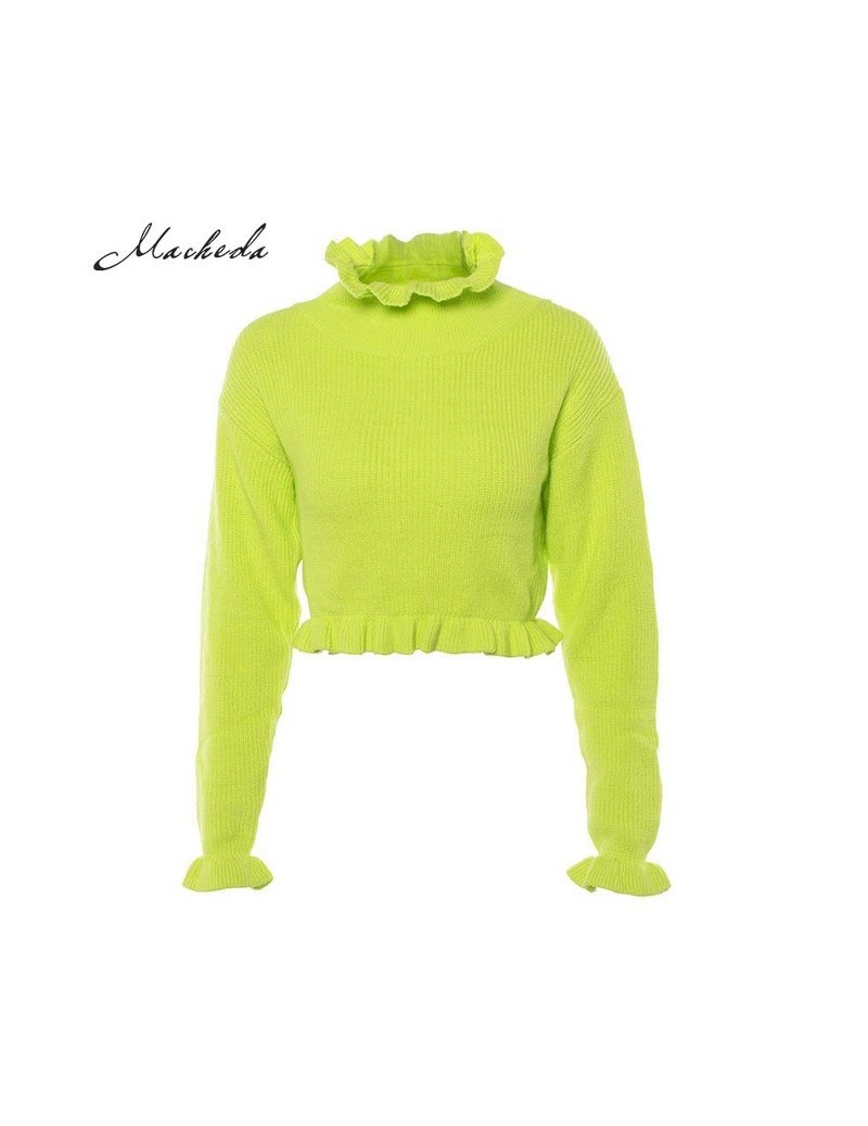 Women Fashion Ruffles Turtleneck Pullovers Long Sleeve Crop Tops Lady Fluorescent Green Knitted Casual Elastic Top - Green -...