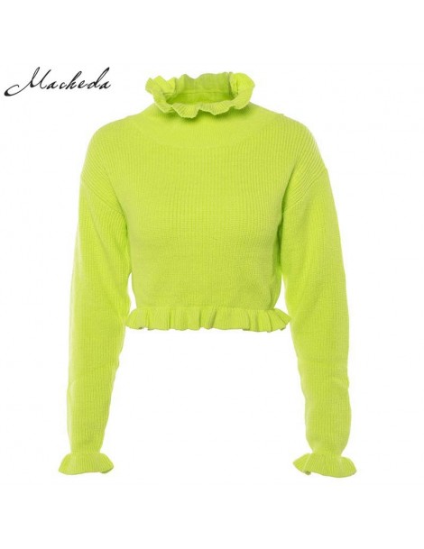 Hoodies & Sweatshirts Women Fashion Ruffles Turtleneck Pullovers Long Sleeve Crop Tops Lady Fluorescent Green Knitted Casual ...