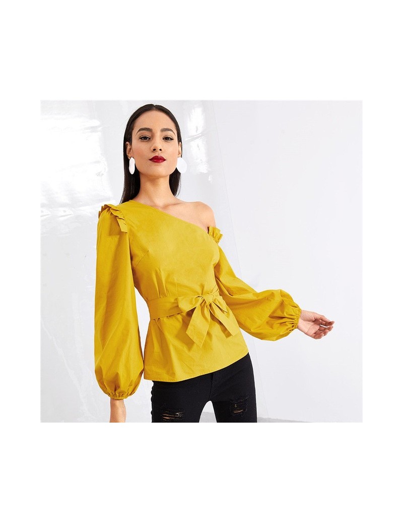 Blouses & Shirts Ginger Asymmetric Shoulder Bishop Sleeve Ruffle Sexy Blouse Shirt Autumn Cotton Belted Blouse Womens Tops An...