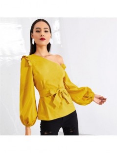 Blouses & Shirts Ginger Asymmetric Shoulder Bishop Sleeve Ruffle Sexy Blouse Shirt Autumn Cotton Belted Blouse Womens Tops An...