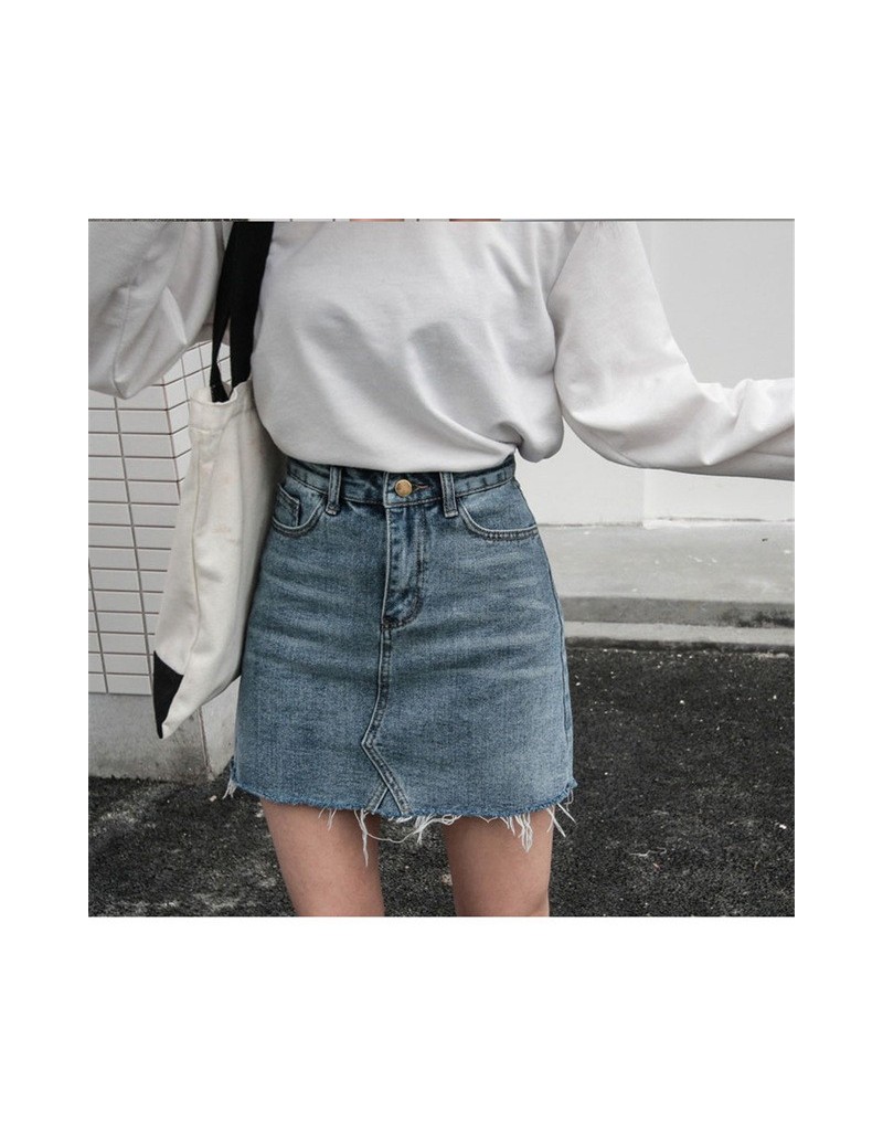 summer two-color high waist pencil denim skirt high street pocket button full match denim skirt - Blue - 4B4163380830-2