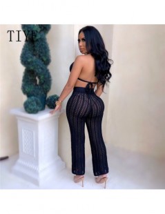 Jumpsuits Sexy Perspective Two-Piece Set Knitted Grid Jumpsuit Women Openwork Sleeveless Off Shoulder Playsuit Summer Beachwe...