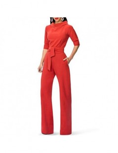 Half Sleeve Ruffle High Waist Jumpsuits for Women 2019 Autumn Winter Overalls Solid Color Office Lady Wide Leg Rompers - Red...