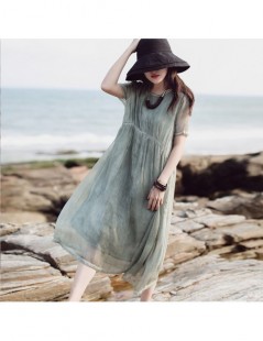 Dresses 2019 New Dress Vintage Loose Short Solid Knee-length Summer Dress Regular Natural O-neck Retro Women Dress - Green - ...
