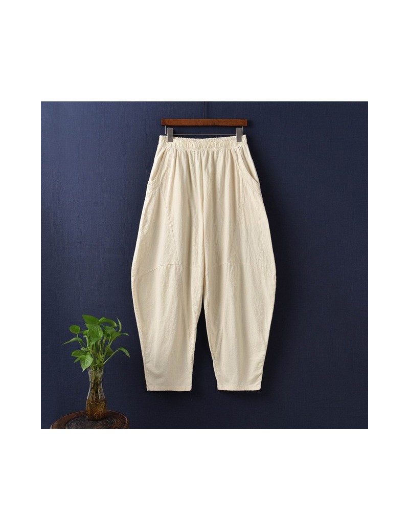 Cotton Linen Pants For Women Vintage Trouser Elastic Waist 2019 Spring New Pockets Patchwork Women Casual Harem Pants - Beig...