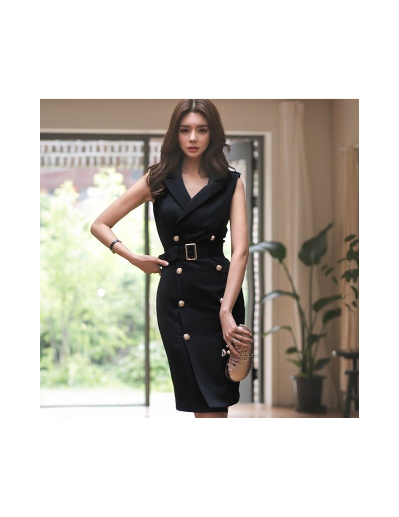 2018 Women Summer Office Lady Belted Vestidos Sleeveless Work Wear Slim Double Button Sexy korean fashion style Dress clothe...