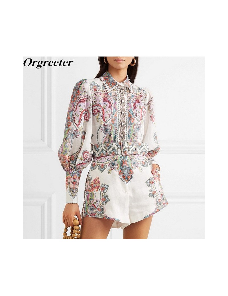 Women's Sets 2019 Autumn New Exquisite Baroque pattern Print Long Lantern Sleeve Single-Breasted Shirt Blouse and Shorts 2 Pi...